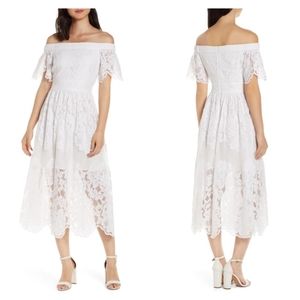 Vince Camuto LACE OFF THE SHOULDER MIDI DRESS